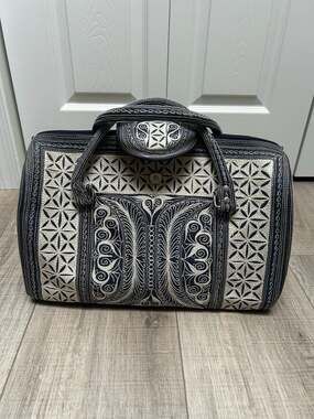 Laga Designs Embroidered Vegan Duffel Bag Navy/Cream Boho Travel Overnight